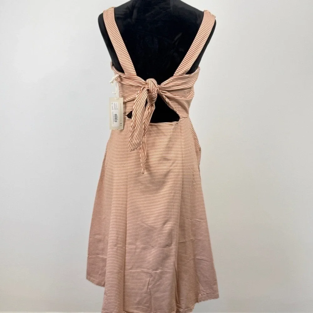 Pact Fit and Flare Tie Back Midi Dress Womens Large Tan White Striped Coastal - Picture 3 of 10